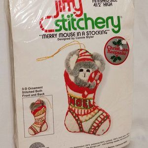 Merry Mouse in a Stocking Ornament Embroidery Kit Jiffy Stitchery 1978 Noel